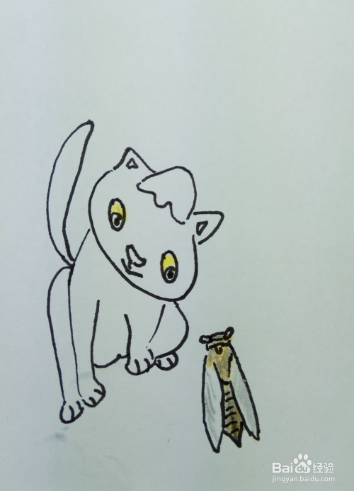怎样画简笔画"小猫咪观蝉"?