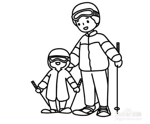 父亲节和孩子一起滑雪的简笔画