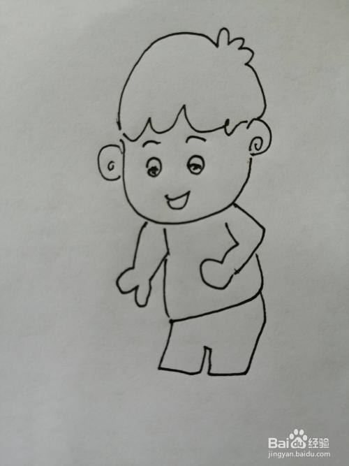 第五步,然后我们继续画出可爱的小男孩的裤腿,裤腿画法也比较简单.
