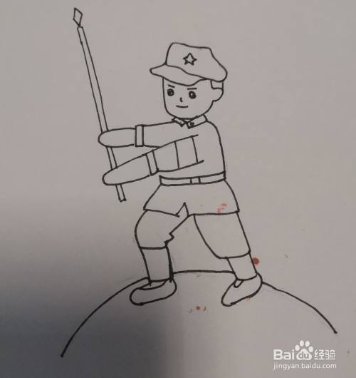 在红军战士的手的位置,画上旗杆