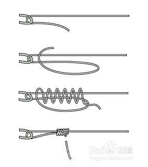1 先将鱼线一头对折. 2 将对折后的钓线线头再向回折弯,形成线圈.