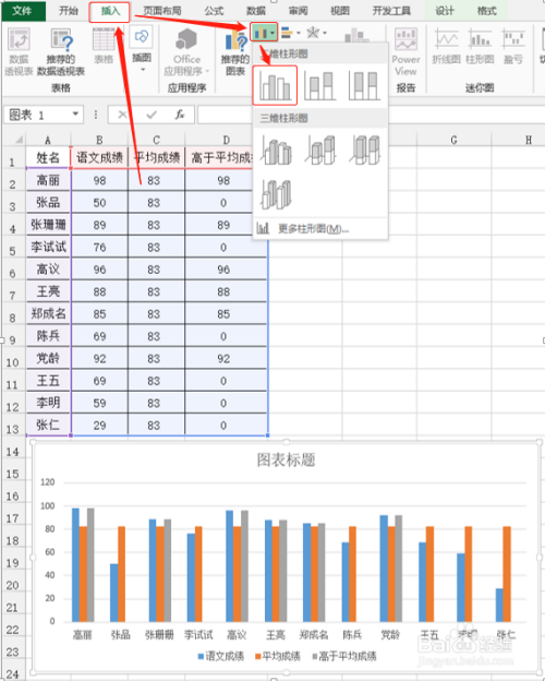 excel柱形图里怎么把成绩高于平均值的标成红色