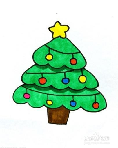 星星为黄色,很多的小球是彩色的,这样,圣诞树简笔画就完成了