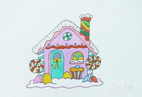 最后给房子的底部顶部画上一些细节装饰,简单漂亮的糖果屋简笔画就
