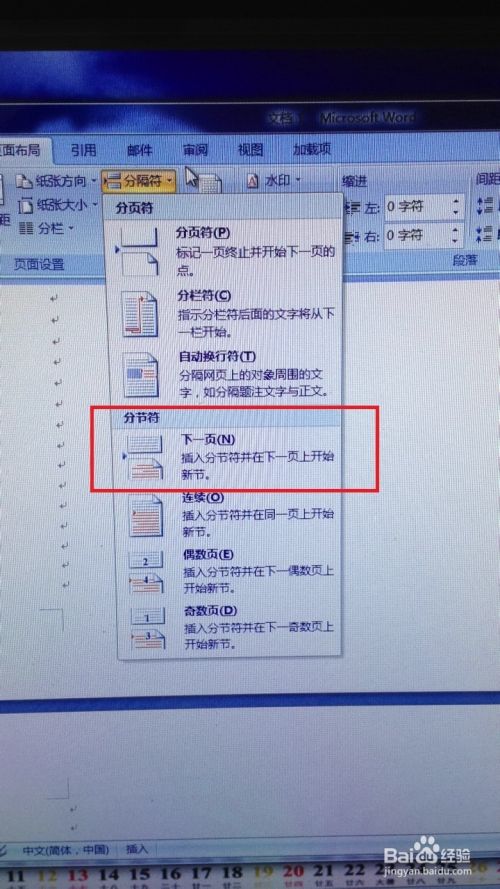 4 单击后会看到分隔符弹开的下拉框里,有"分节符"下面的"下一页,左键