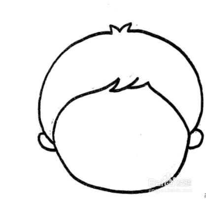 首先画出人物的头部,头发短短的,脸型圆圆的,在脸颊两侧画上耳朵