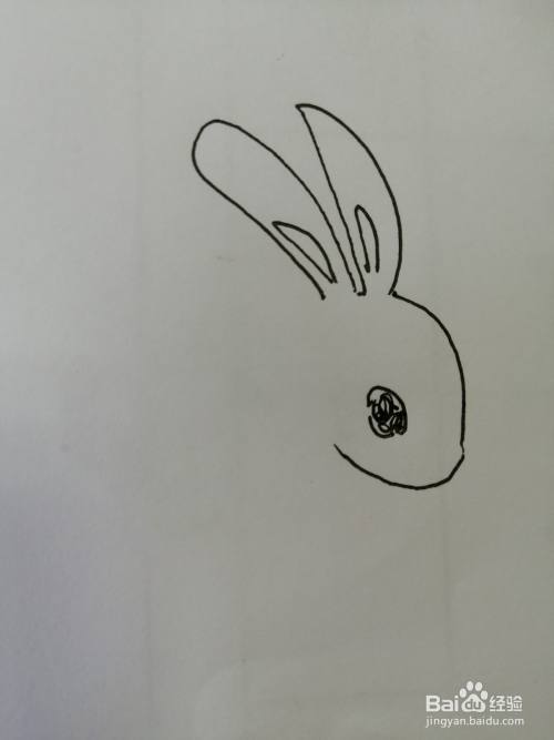 第三步,接着在可爱的小兔子的头部里面画出一只黑色的大眼睛,小兔子