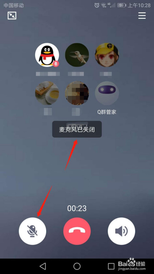 5 进入qq群语音通话界面,点击页面左下角麦克风图标,将其关闭.