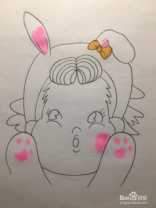 幼儿绘画:画一个带兔耳朵帽子的小女孩 卡通画