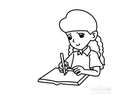 画出平放着的作业本,手正在写字.