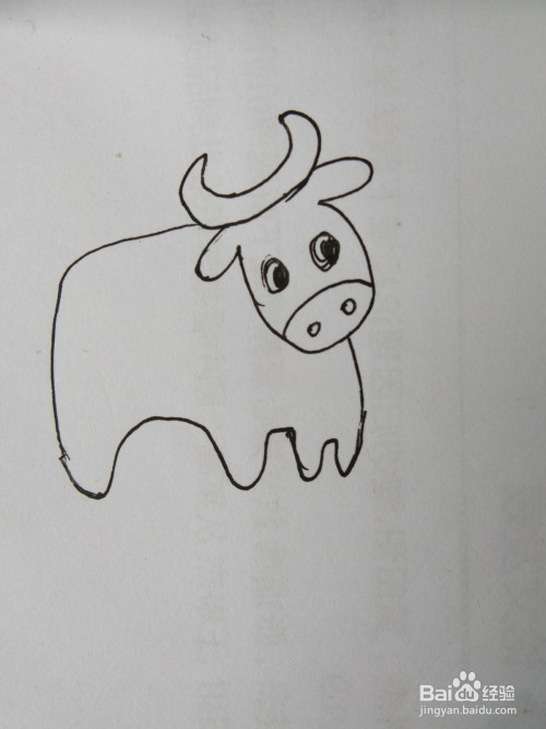 2 第二步:画牛的头,如图所示. 3 第三步:画牛的眼睛和嘴,如图所示.