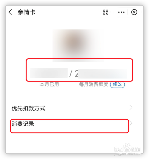 在亲情卡详情页面中,头像下方显示已使用的金额,之后点击下方的"