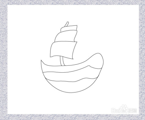 船身的形状像弯弯的月亮. 2 画出船身上的纹理. 3 画出船帆.