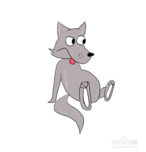 这样一只悠闲的大灰狼就画好了,我们来给大灰狼简单涂个颜色,大灰狼