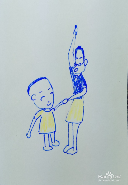 怎样画儿童简笔画"小头爸爸牵着大头儿子的手"