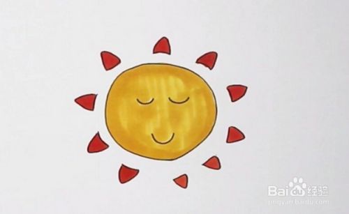 再来给太阳周围的光芒涂上橘红色,一个简单好看的太阳简笔画就完成