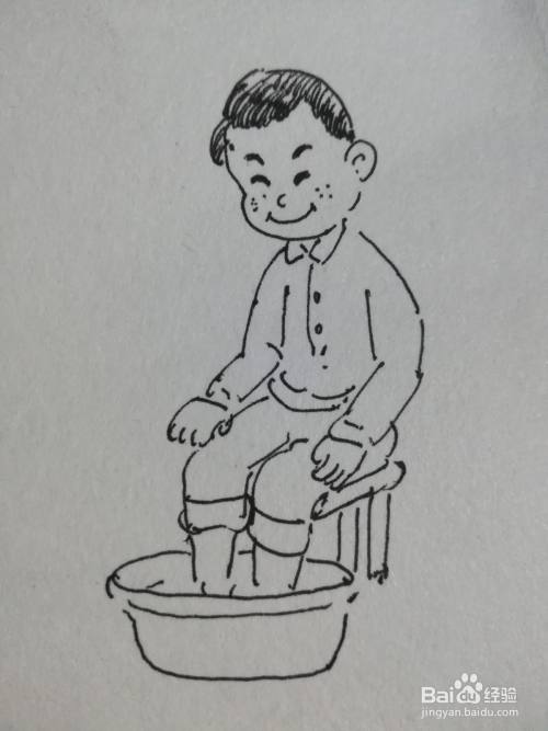 最后画出男孩脚下的洗脚盆