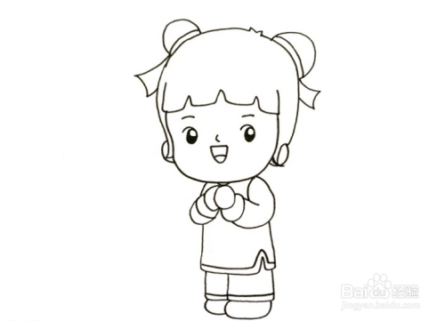 第二步,接着画中国娃娃的身体,穿着传统的中式服装,双手抱拳在胸前