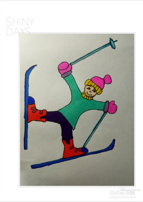 将滑雪用具用马克笔涂上颜色,作品就完成了 .