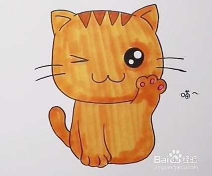 给小猫咪的身体涂上黄色,简单又可爱的小猫咪简笔画就完成啦!