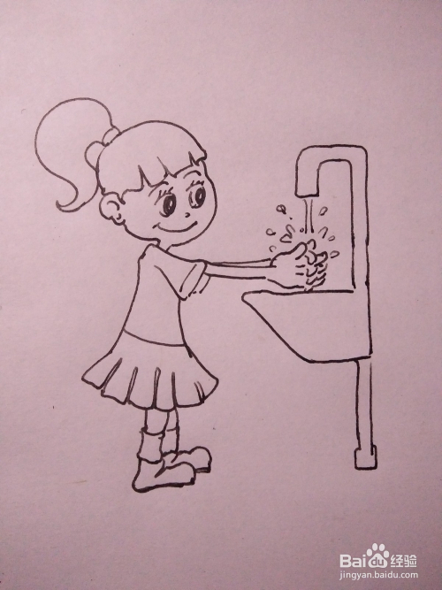 第七步画出女孩洗手的水龙头和水池.