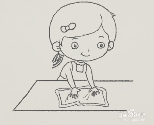 手中画一块抹布,画出桌面,幼儿园值日生简笔画就画好了.