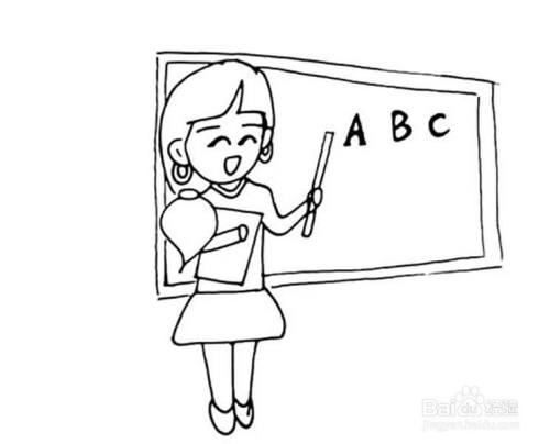 在老师的身后画一面大大的黑板.她正在上着英语课.