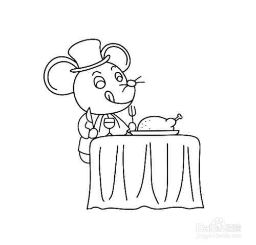 如何画吃大餐的卡通老鼠的简笔画?