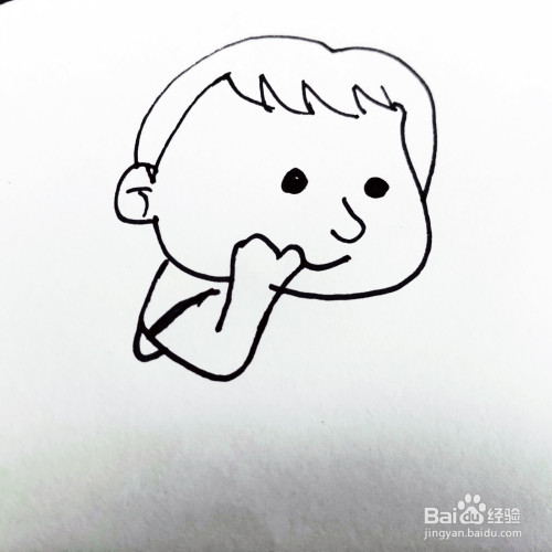 2 第二步,我们来画卡通男孩的脸部五官表情.以及一只胳膊和手.