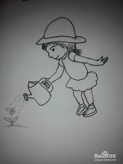 给花浇水的小女孩