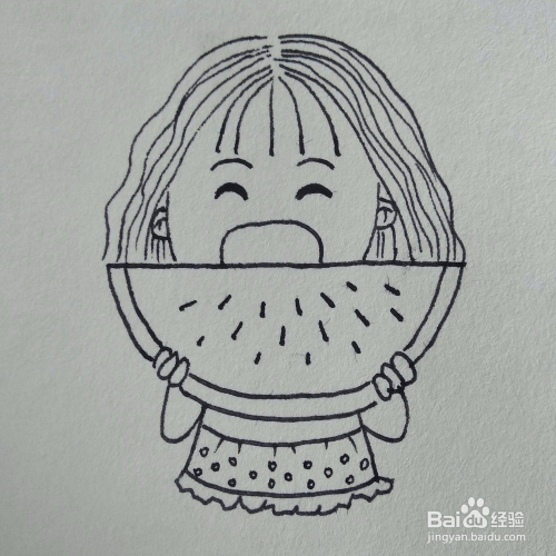 如何画吃西瓜的小女孩头像简笔画?