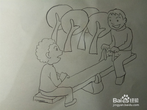 拿起铅笔在画纸上勾画出小孩子们玩耍的情况.