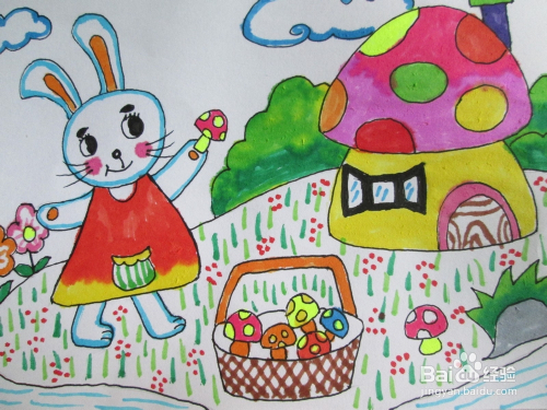幼儿水彩笔画《小兔采蘑菇》的作画步骤