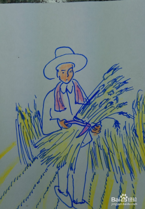 怎样画简笔画割麦子的老农民?