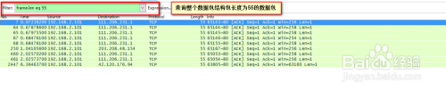 len eq 55.表示查询出来整体包长度为55的数据包.