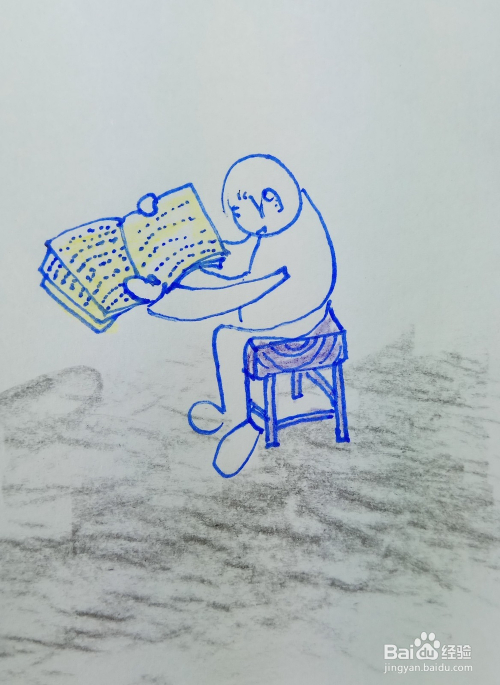2 然后再画出一个人的身体轮廓,他是在坐着的.