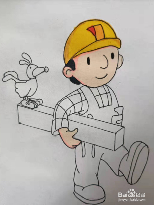 使用马克笔将建筑工人的帽子涂上颜色.