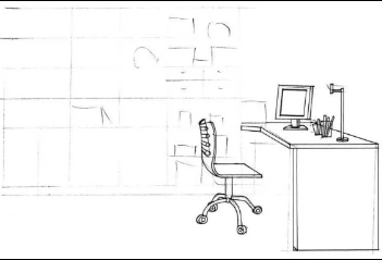 用铅笔勾勒出书房家具的大体轮廓,确定画面的构图,注意家具的比例和