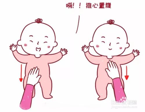推心置腹的排气操方法一 两手交替从宝宝胸口开始,向下轻抚至大腿