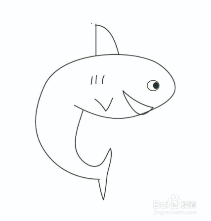 2 第二步画出鲨鱼的眼睛和嘴巴. 3 第三步画出鲨鱼鱼鳍.