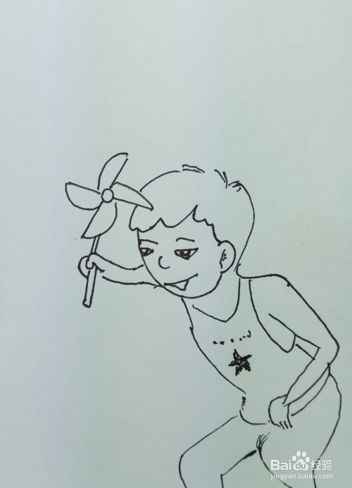 怎样画简笔画玩风车的小男孩?