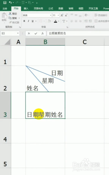 首先,选中单元格,双击进入编辑状态,直接输入文字"日期星期姓名.