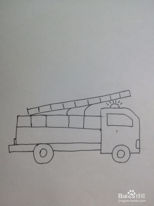工具/原料 碳素笔 a4纸 方法/步骤 1 第一步画出消防车的车头 2 第二