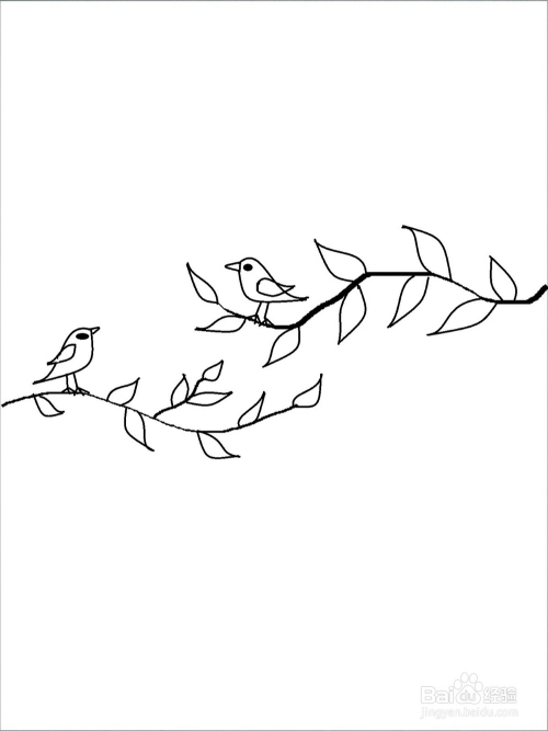 5 然后在树枝上画上小鸟,同样把小鸟的眼睛,翅膀和嘴巴画好.