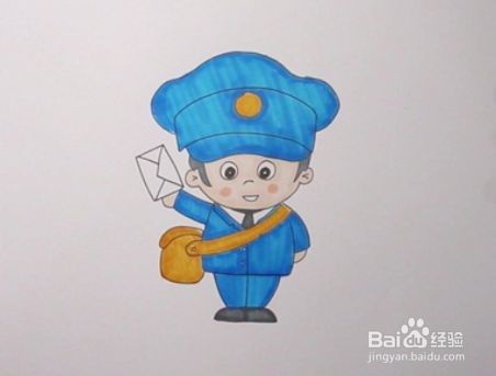 最后给邮递员的帽子和衣服涂蓝色,可爱的邮递员简笔画就完成啦!