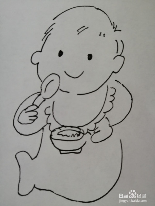 第七步,然后把简笔画可爱的小婴儿的身体下面画出一只小脚.