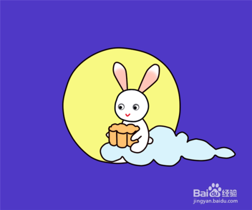 最后,将小兔的耳朵,月饼,云朵,夜空涂上喜欢的颜色,中秋节的月亮就