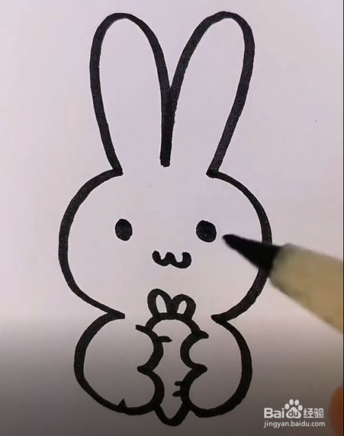 然后画两个小黑点作为兔子的眼睛,再在眼睛下方画一个躺着的3.