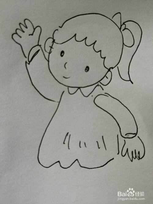接着继续画出可爱的小女孩的漂亮的小裙子,注意裙子上花纹的画法