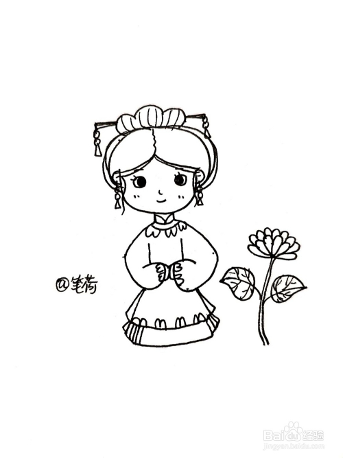 简笔画:可爱古风女孩和花朵画法